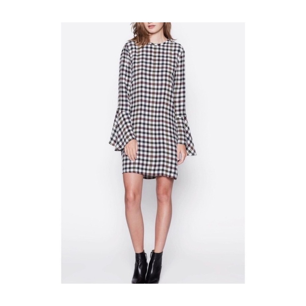 NWT Equipment Mari Plaid Silk Shift Dress‎ Womens XS Bell Sleeve